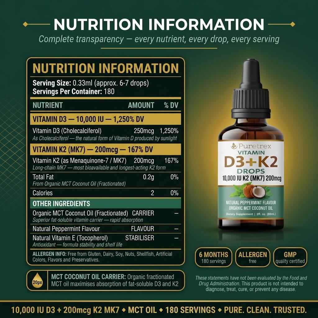 Vitamin D3 + K2 Drops 10,000 IU – K2 MK7 200mcg with Organic MCT Coconut Oil
