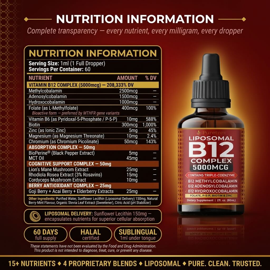 Liposomal B12 Complex Drops 5000mcg – Triple Active B12 with Methylcobalamin