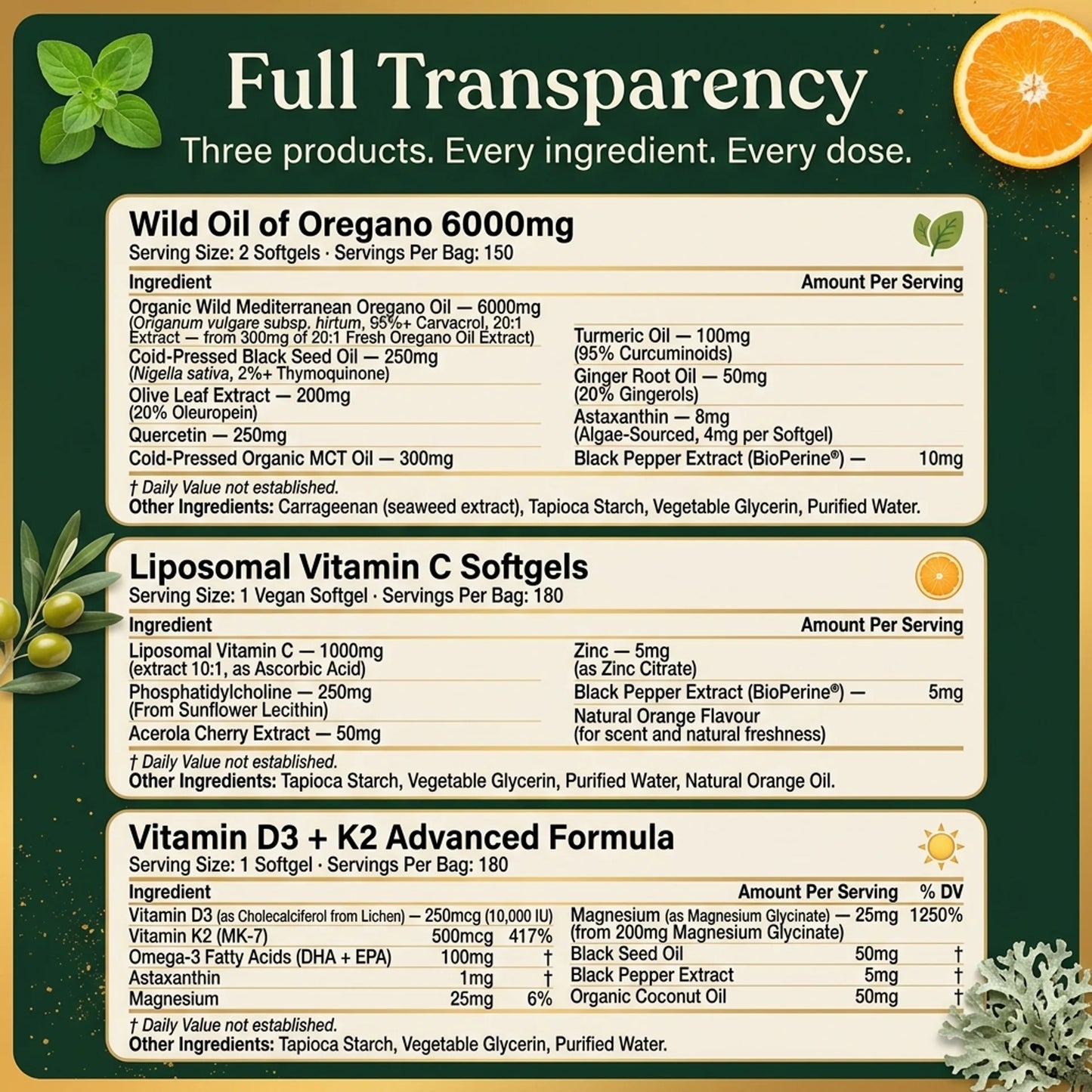 Immune Defense Triple Stack — Oil of Oregano + Liposomal Vitamin C + D3+K2