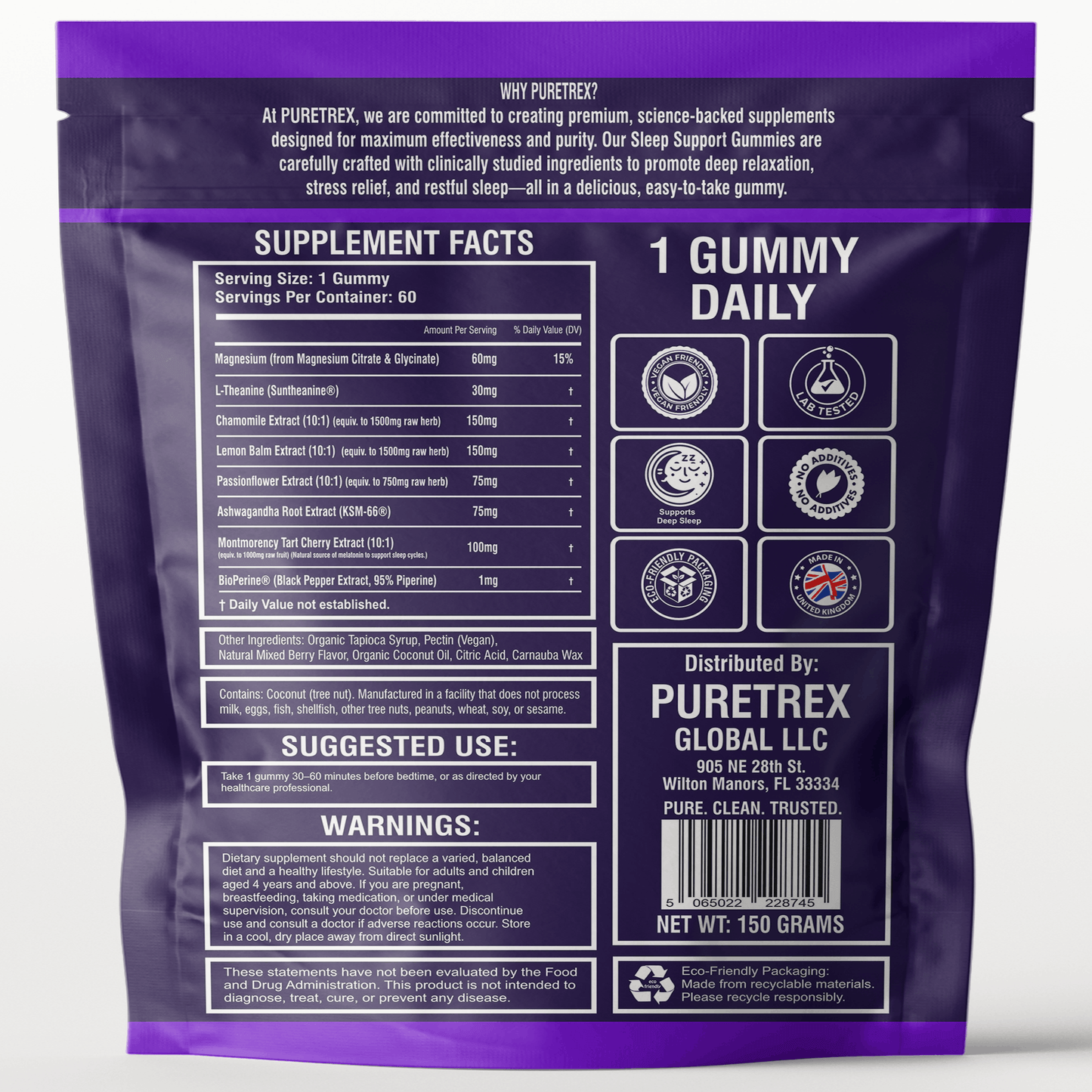 Family Sleep Gummies for Adults & Kids (4+) - back of packaging with nutrition facts