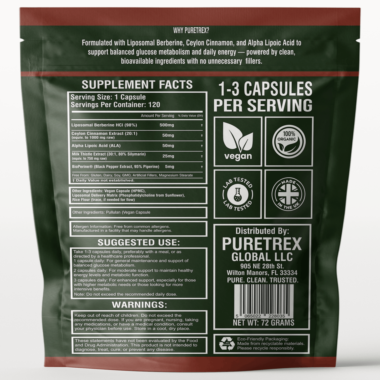 Liposomal Berberine 98% HCL 500mg + Ceylon Cinnamon, ALA, Milk Thistle - back of packaging with nutrition facts