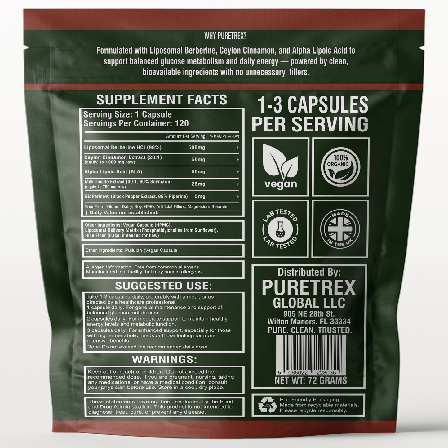 Liposomal Berberine 98% HCL 500mg + Ceylon Cinnamon, ALA, Milk Thistle - back of packaging with nutrition facts