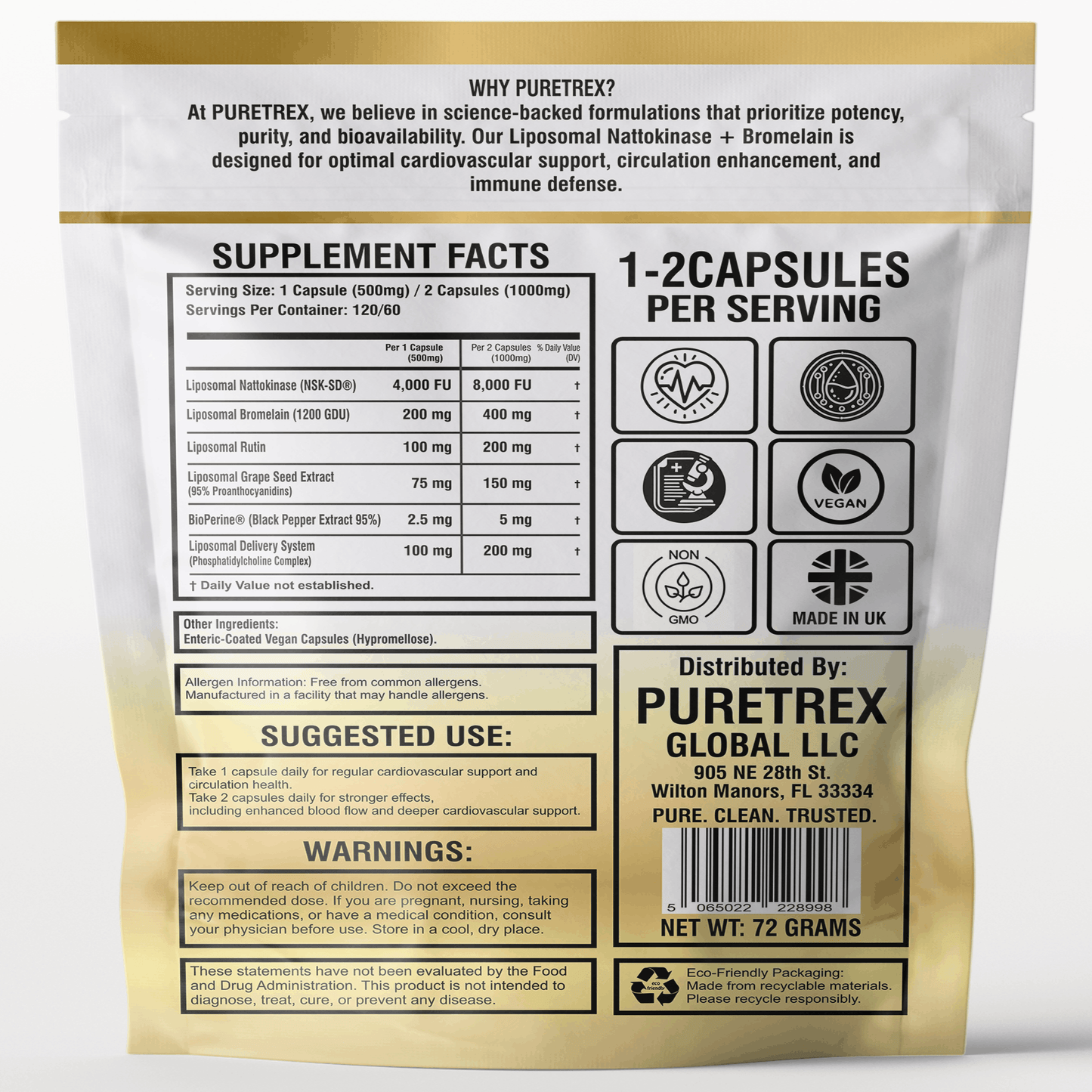 Liposomal Nattokinase 4000FU + Bromelain - back of packaging with nutrition facts