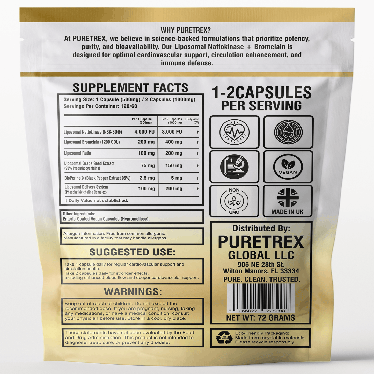 Liposomal Nattokinase 4000FU + Bromelain - back of packaging with nutrition facts