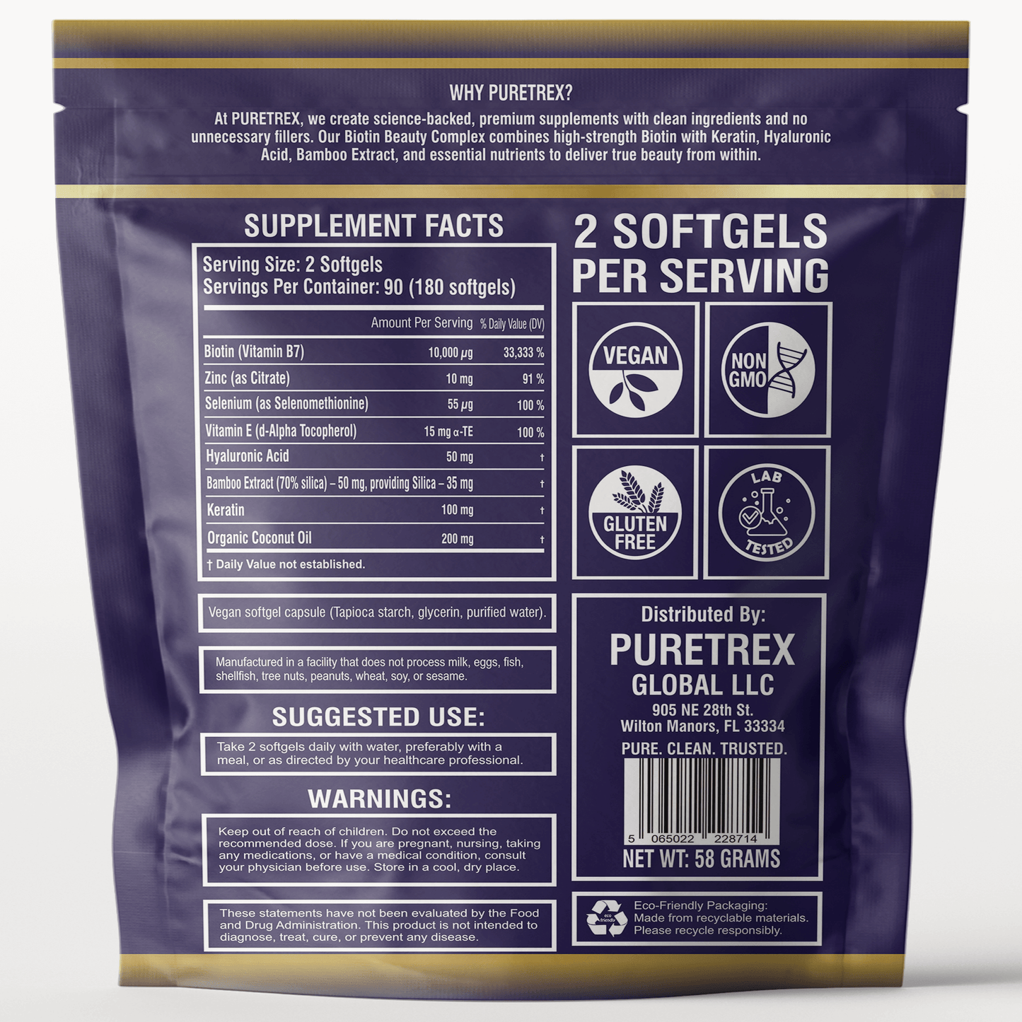Back view of PURETREX Biotin Beauty Complex packaging displaying the supplement facts panel, ingredient list, serving size of two softgels, usage directions, storage instructions, safety warnings and manufacturer information clearly printed on the label