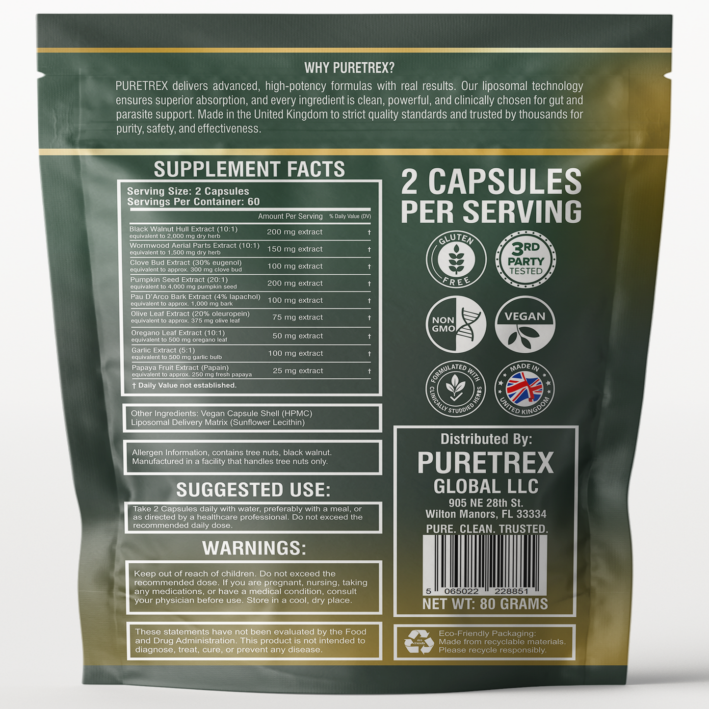 Back of Puretrex Liposomal Herbal Parasite and Gut Detox packaging showing supplement facts, ingredients, directions for use, warnings, barcode and recycling information