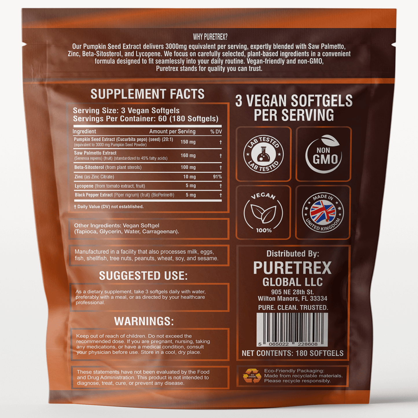 Back view of PURETREX Pumpkin Seed Oil supplement packaging showing the supplement facts panel, ingredient list, serving size information, directions for use, storage instructions, safety warnings and manufacturer details printed clearly on the label