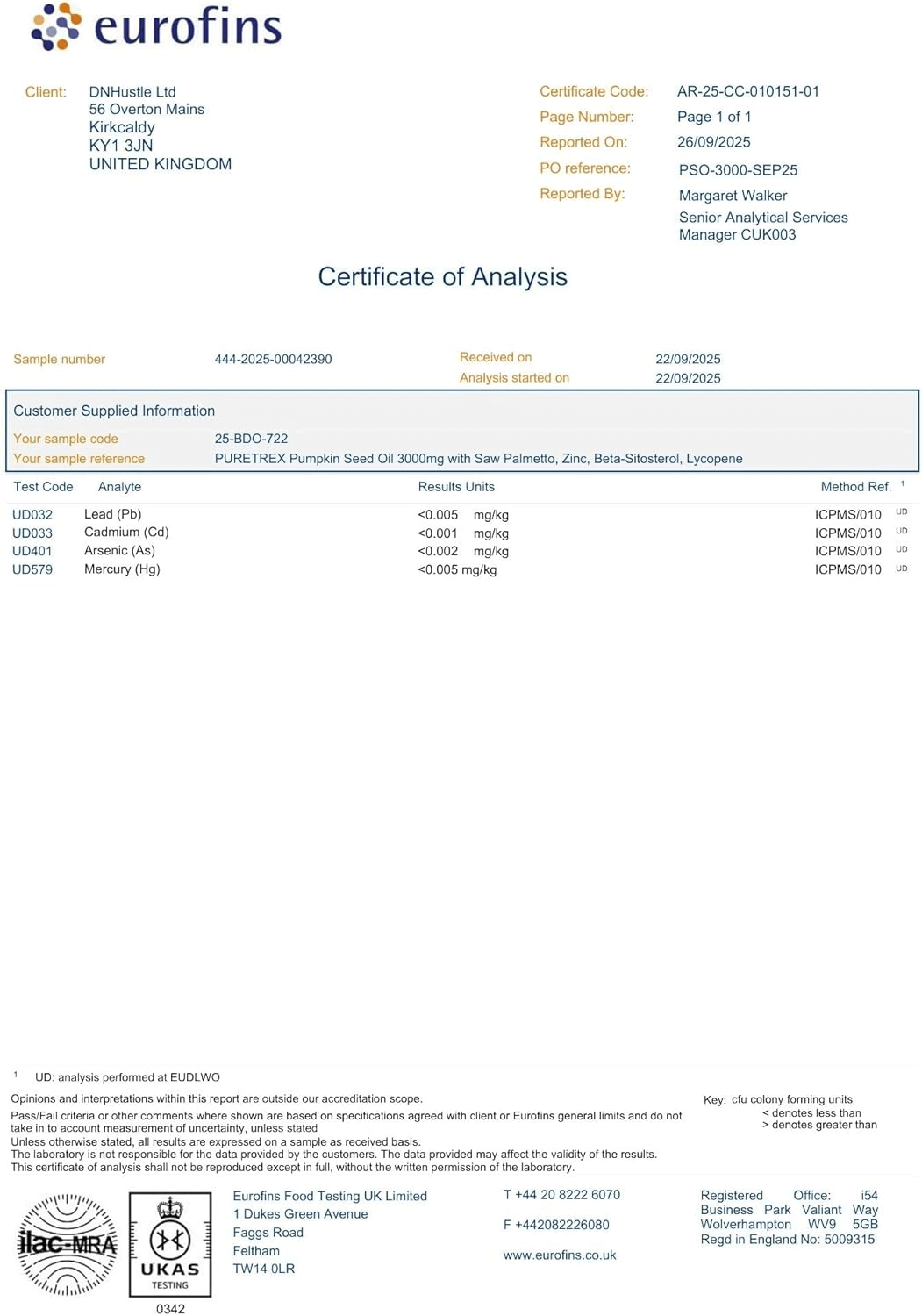 Eurofins Certificate of Analysis for Puretrex Pumpkin Seed Oil Beauty Gummies confirming laboratory testing, quality control and ingredient safety standards