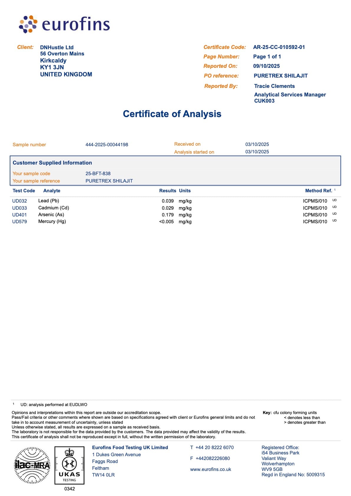 Certificate of Analysis for PURETREX Shilajit Seamoss Lion’s Mane Ashwagandha Cordyceps supplement verifying purity, potency, and quality control