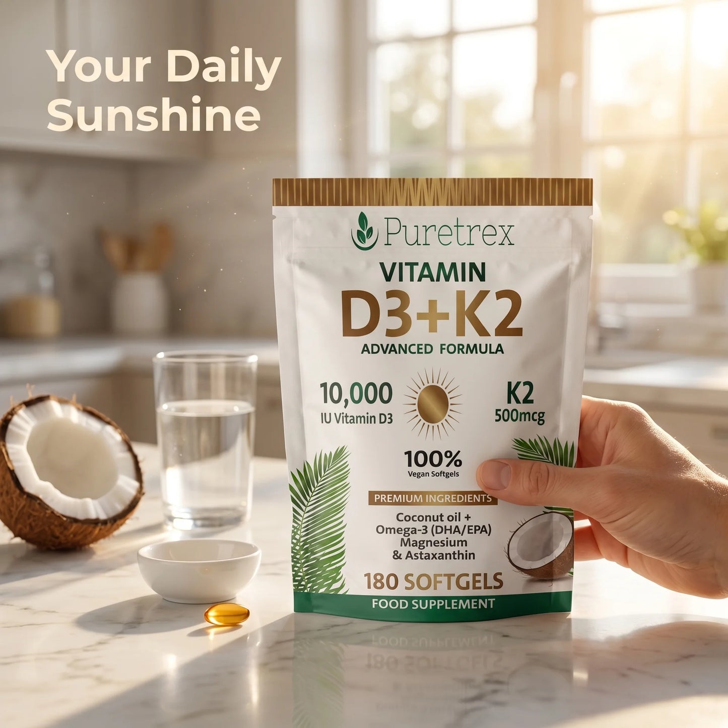 Puretrex vitamin D3 K2 advanced formula, 10000 IU high strength vegan softgels pouch, 180 count food supplement UK.