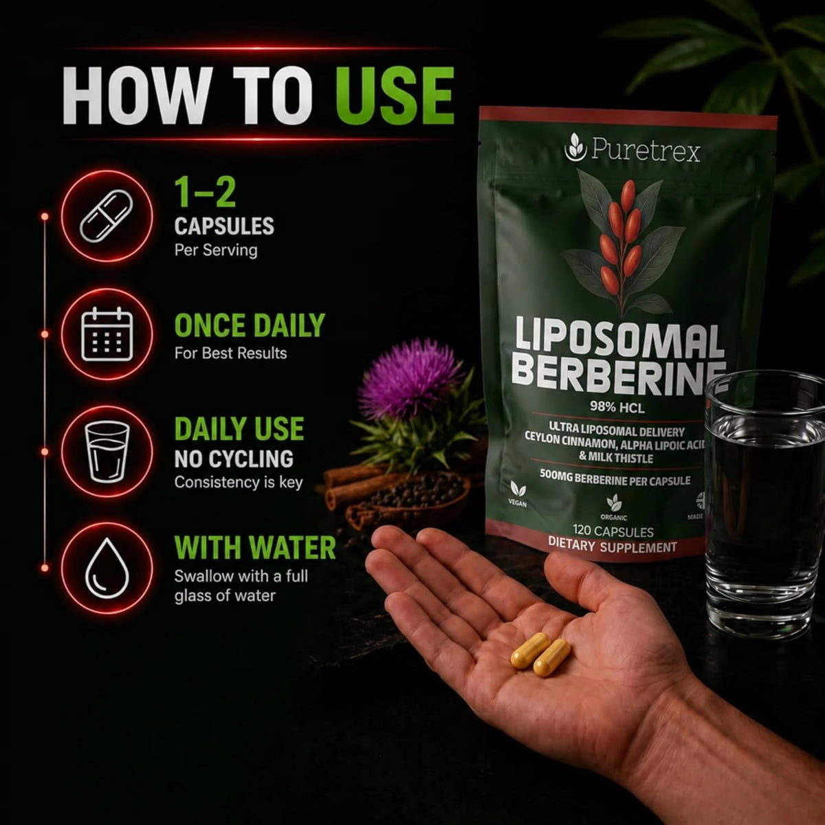 Liposomal Berberine 500mg – Ceylon Cinnamon, ALA & Milk Thistle