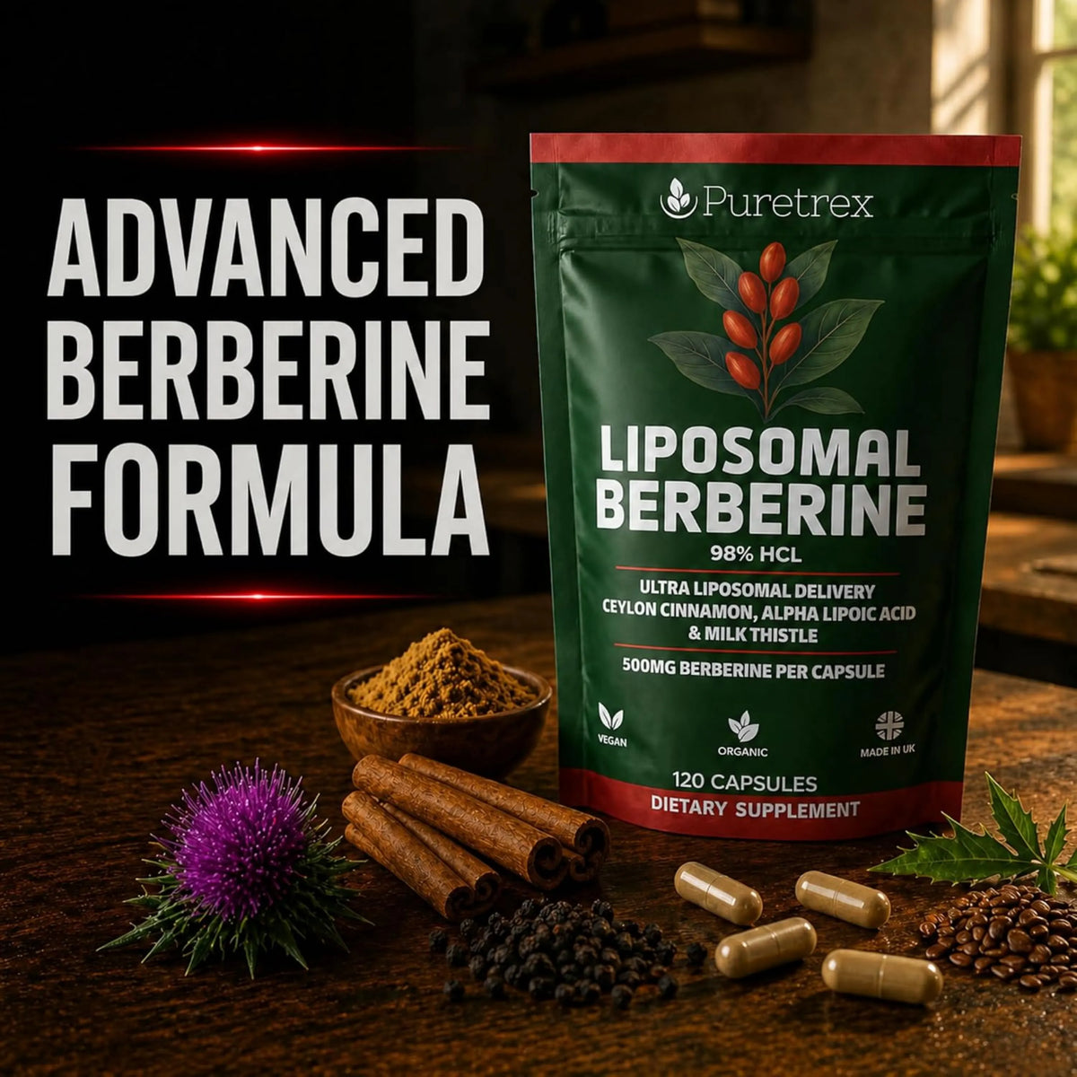 Liposomal Berberine 500mg – Ceylon Cinnamon, ALA & Milk Thistle