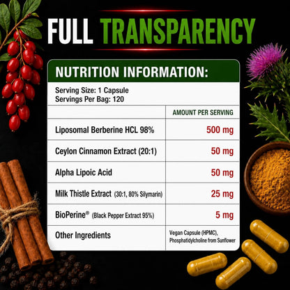 Liposomal Berberine 500mg – Ceylon Cinnamon, ALA & Milk Thistle