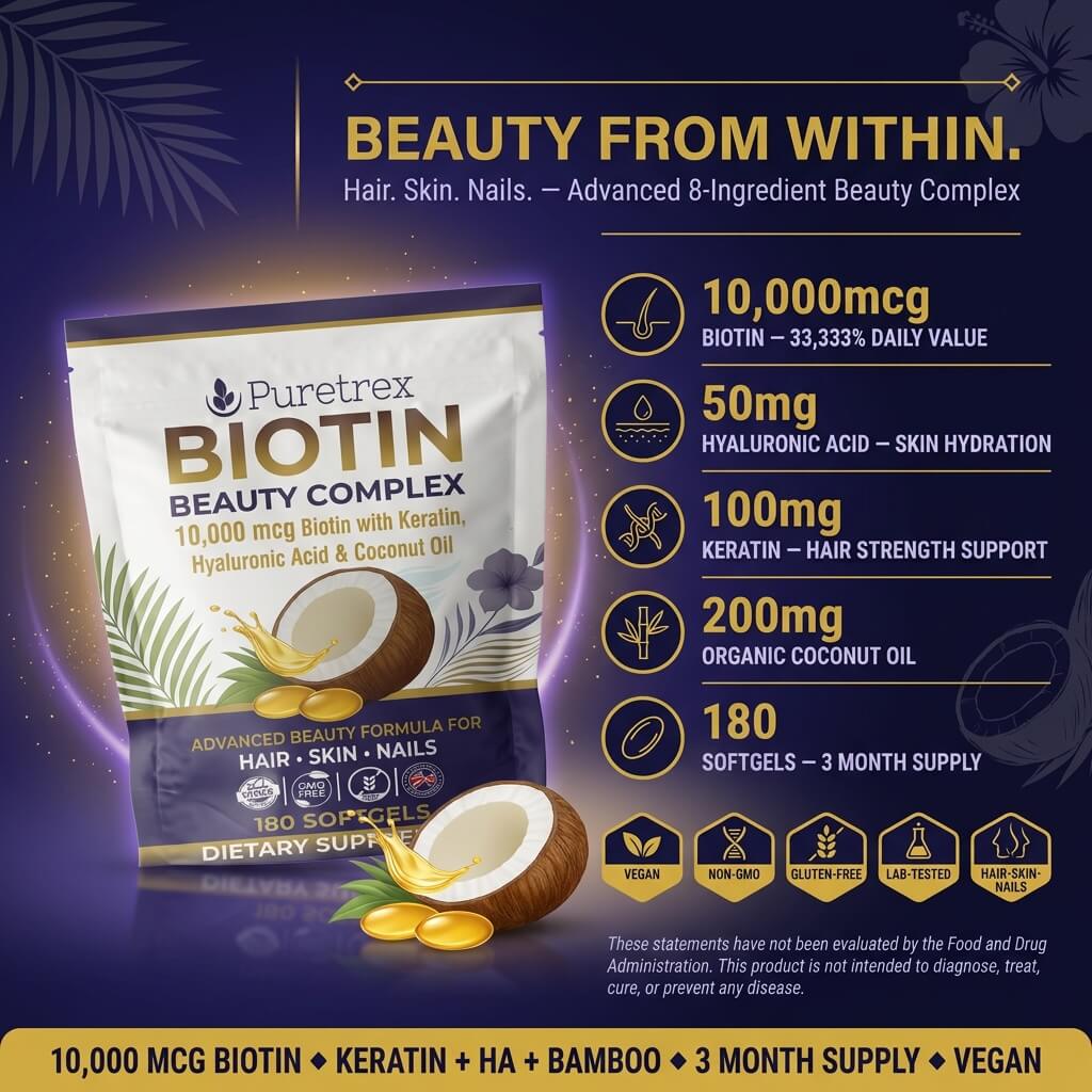 Biotin Beauty Complex 10,000µg – Keratin, Hyaluronic Acid & Bamboo Extract