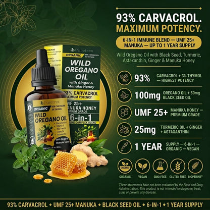 Organic Wild Oregano Oil Drops – 93% Carvacrol with Ginger & UMF 25+ Manuka Honey
