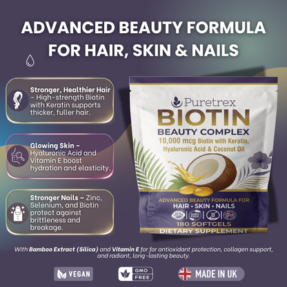 Biotin Beauty Complex 10,000µg with Keratin, Hyaluronic Acid, Bamboo Extract & Coconut Oil