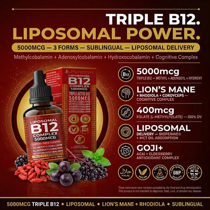Liposomal B12 Complex Drops 5000mcg – Triple Active B12 with Methylcobalamin