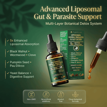 Liposomal gut and parasite support product with dropper on a green background