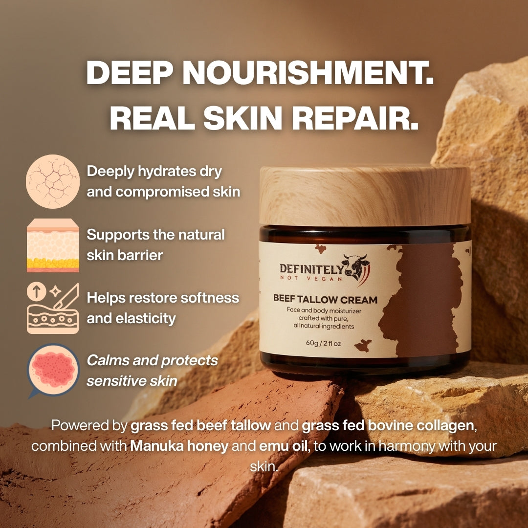 Beef Tallow Face & Body Cream with Collagen, Manuka Honey & Emu Oil