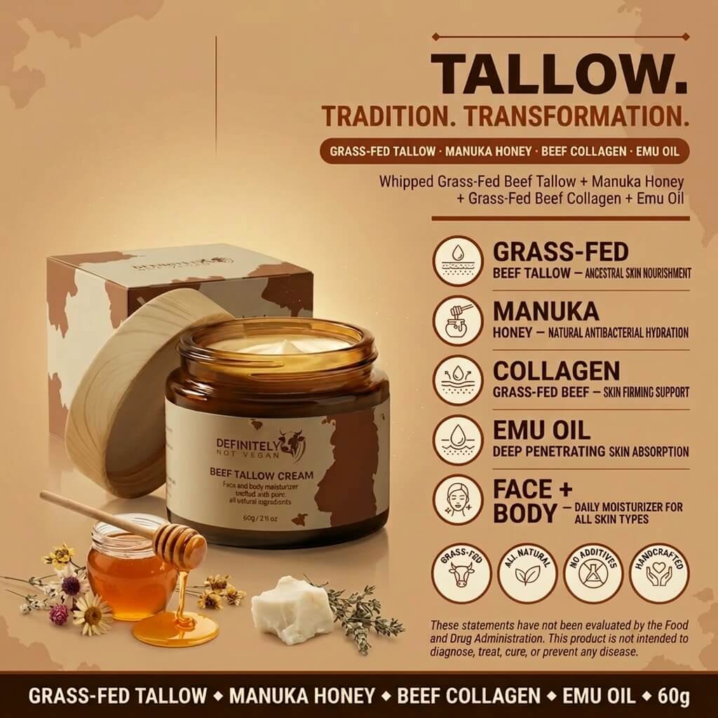 Beef Tallow Face & Body Cream – Collagen, Manuka Honey & Emu Oil
