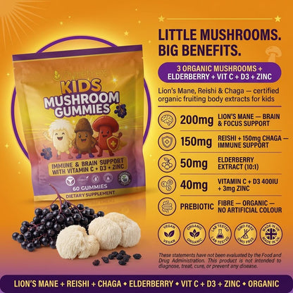 Kids Mushroom Gummies – Immune & Brain Support with Vitamin C, D3 & Zinc