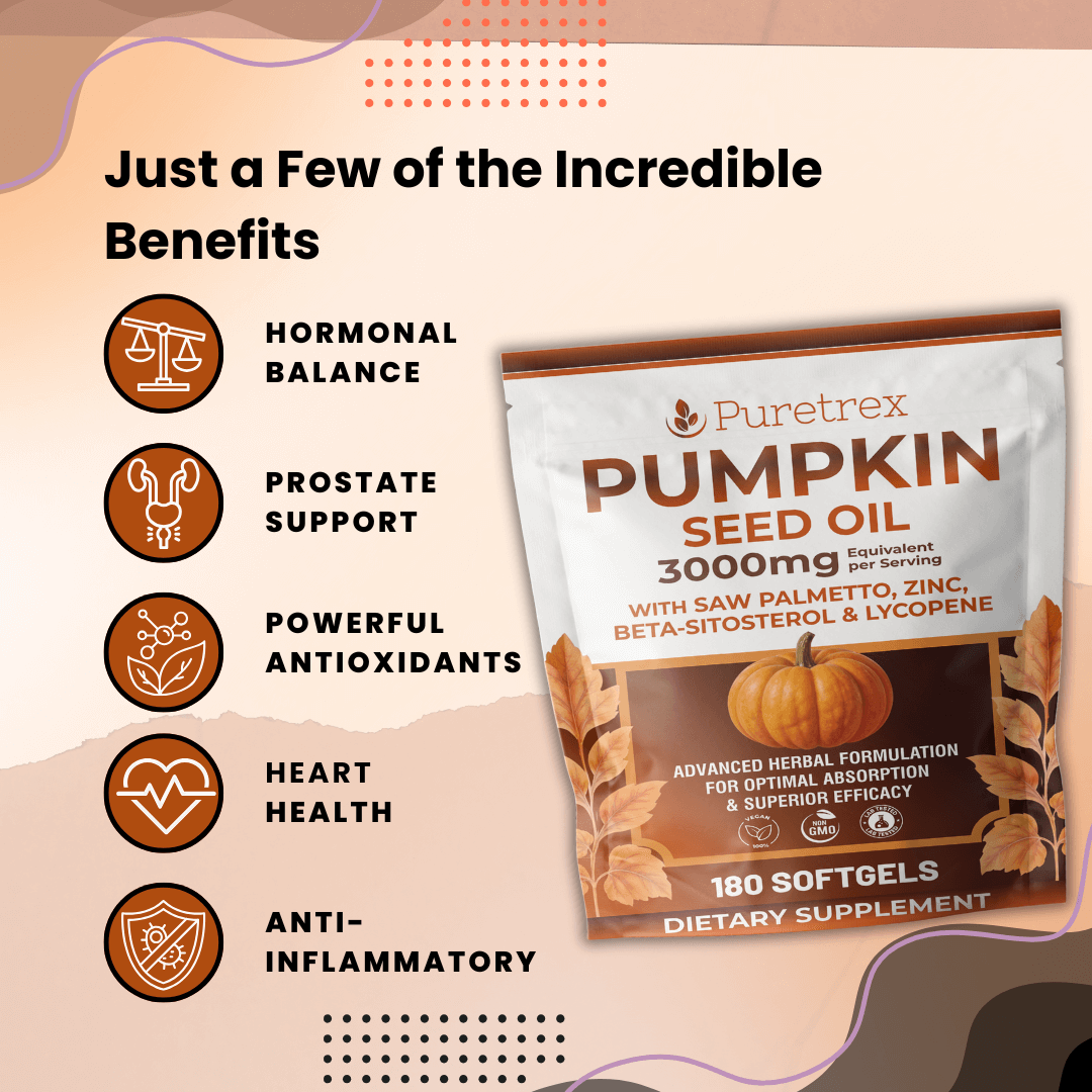 Puretrex Pumpkin Seed Oil supplement package with benefits listed on a beige background