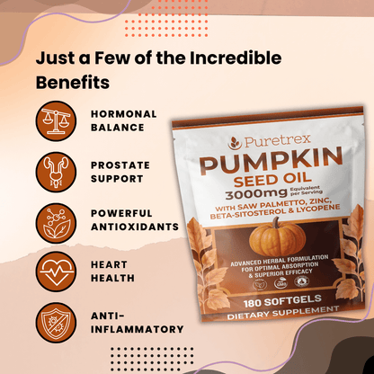 Puretrex Pumpkin Seed Oil supplement package with benefits listed on a beige background