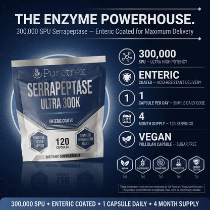 Serrapeptase Ultra 300,000 SPU – Enteric Coated Vegan Capsules