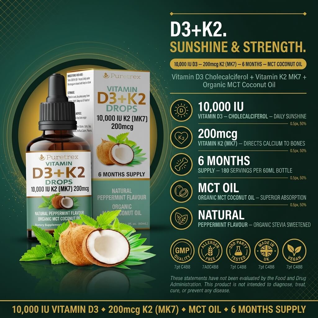 Vitamin D3 + K2 Drops 10,000 IU – K2 MK7 200mcg with Organic MCT Coconut Oil