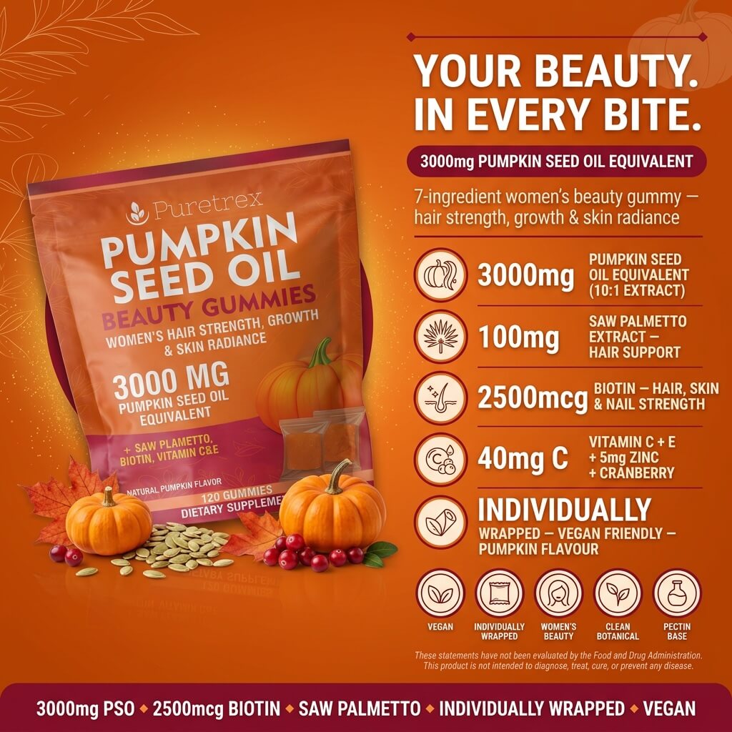 Pumpkin Seed Oil Gummies for Women – Biotin, Saw Palmetto & Vitamins C & E
