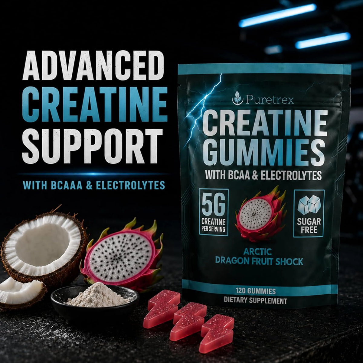 Creatine Gummies 5g + BCAA & Electrolytes – Arctic Dragon Fruit Shock