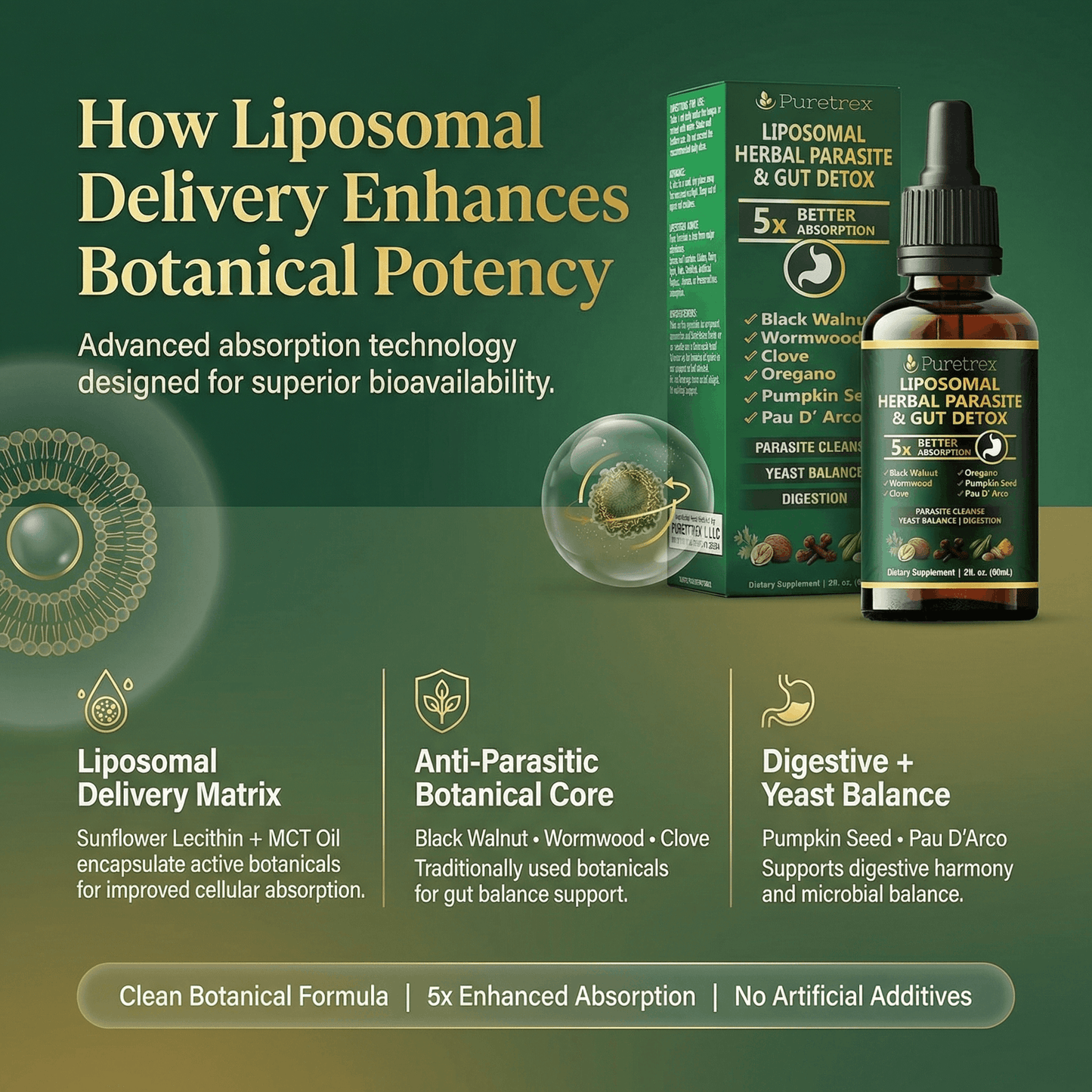 Liposomal delivery system for botanical potency with Puretrex product packaging and dropper bottle on a green background.