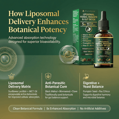 Liposomal delivery system for botanical potency with Puretrex product packaging and dropper bottle on a green background.