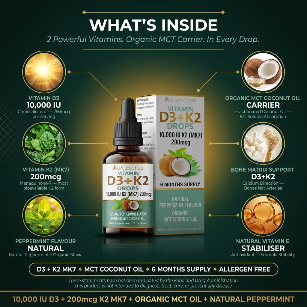 Vitamin D3 + K2 Drops 10,000 IU – K2 MK7 200mcg with Organic MCT Coconut Oil