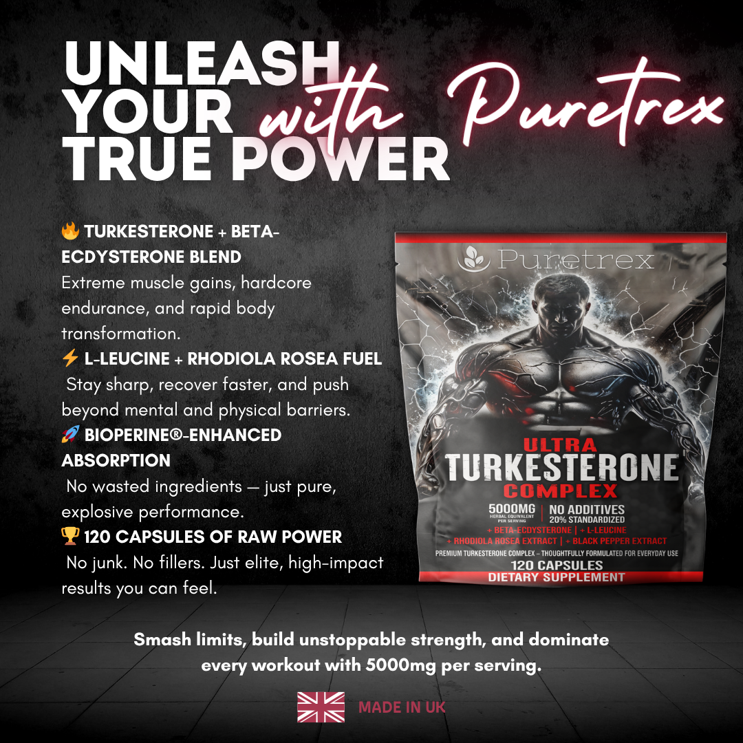 Advertisement for Puretrex Ultra Turkesterone Complex supplement with text and product image on a dark background.