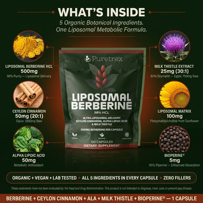 Liposomal Berberine 500mg – Ceylon Cinnamon, ALA & Milk Thistle