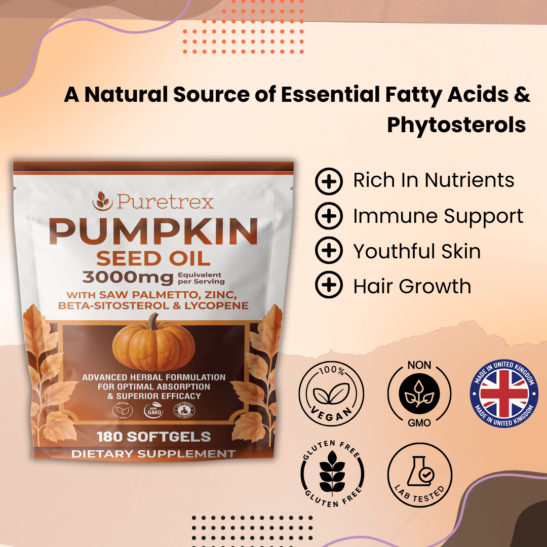Puretrex Pumpkin Seed Oil supplement package with benefits listed on a beige background