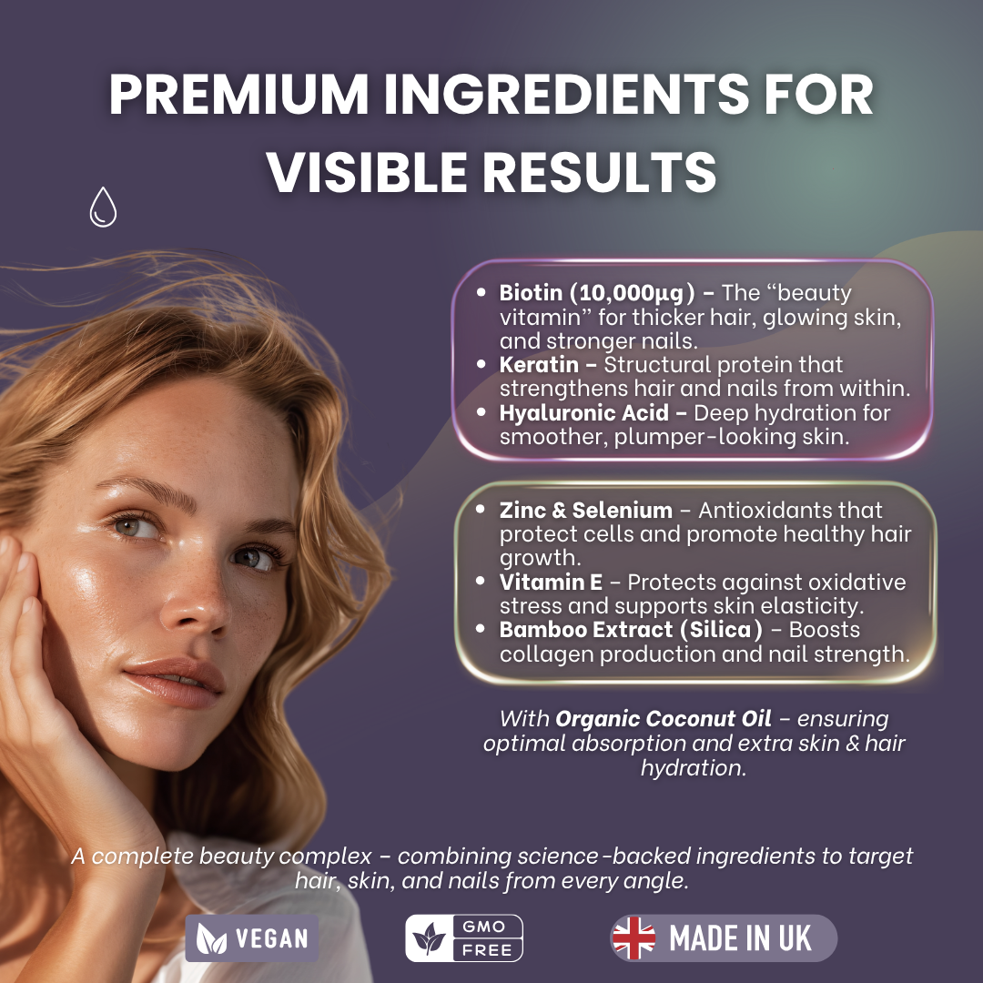 Biotin Beauty Complex 10,000µg with Keratin, Hyaluronic Acid, Bamboo Extract & Coconut Oil