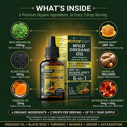 Organic Wild Oregano Oil Drops – 93% Carvacrol with Ginger & UMF 25+ Manuka Honey
