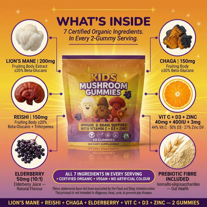 Kids Mushroom Gummies – Immune & Brain Support with Vitamin C, D3 & Zinc