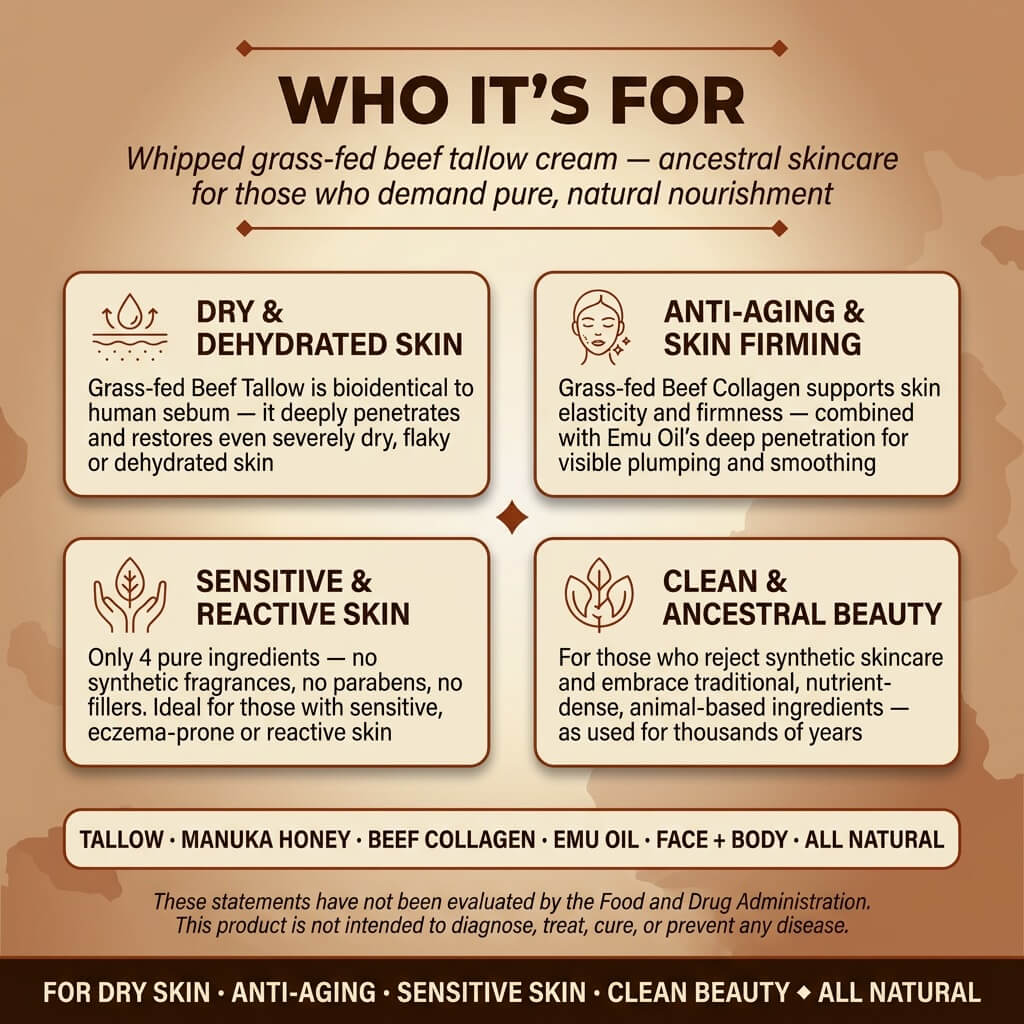 Beef Tallow Face & Body Cream – Collagen, Manuka Honey & Emu Oil