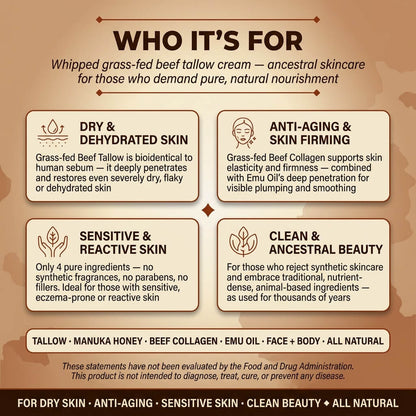 Beef Tallow Face & Body Cream – Collagen, Manuka Honey & Emu Oil