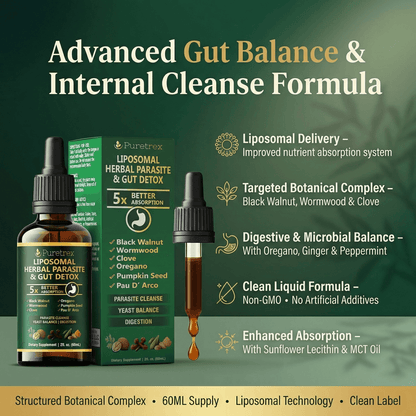 Product advertisement for Puretrex Liposomal Herbal Parasite & Gut Detox on a green background