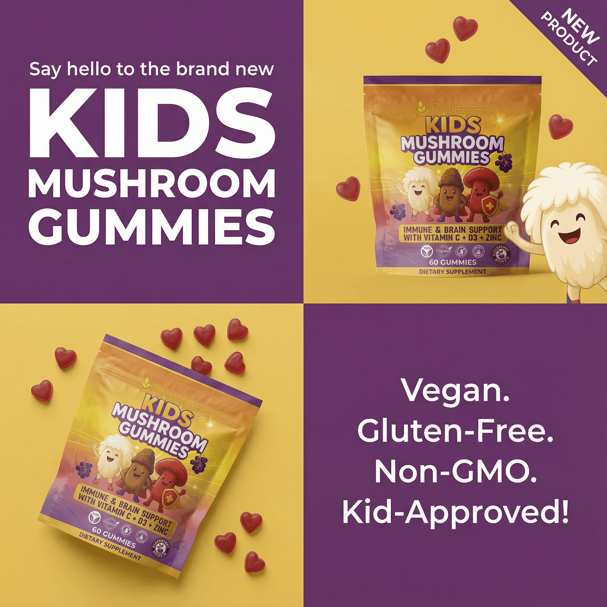 Advertisement for Kids Mushroom Gummies with packaging and heart symbols on a yellow and purple background.