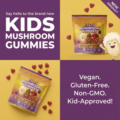 Advertisement for Kids Mushroom Gummies with packaging and heart symbols on a yellow and purple background.