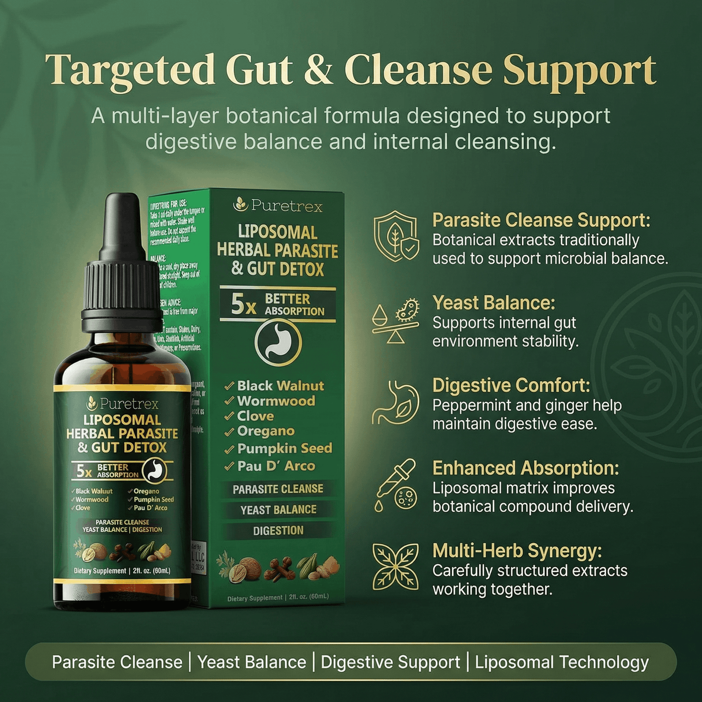 Puretrex Liposomal Herbal Parasite & Gut Detox supplement bottle and packaging on a green background with text about gut and cleanse support.