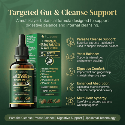Puretrex Liposomal Herbal Parasite & Gut Detox supplement bottle and packaging on a green background with text about gut and cleanse support.