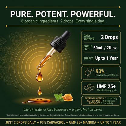 Organic Wild Oregano Oil Drops – 93% Carvacrol with Ginger & UMF 25+ Manuka Honey