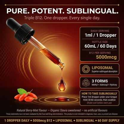 Liposomal B12 Complex Drops 5000mcg – Triple Active B12 with Methylcobalamin