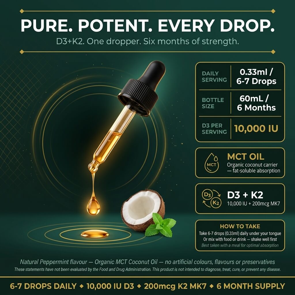 Vitamin D3 + K2 Drops 10,000 IU – K2 MK7 200mcg with Organic MCT Coconut Oil